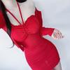 South Korea's Dongdaemun new temperament feminine red sexy neck Korean version suspender skirt women's cardigan two-piece set