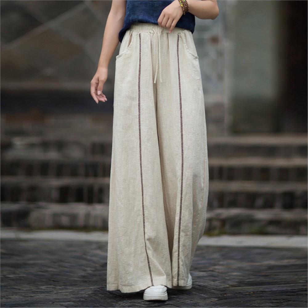 

Johnature Women Vintage Patchwork Striped Wide Leg Pants Pockets Elastic Waist Trousers Autumn Loose Pants One Size бежевий