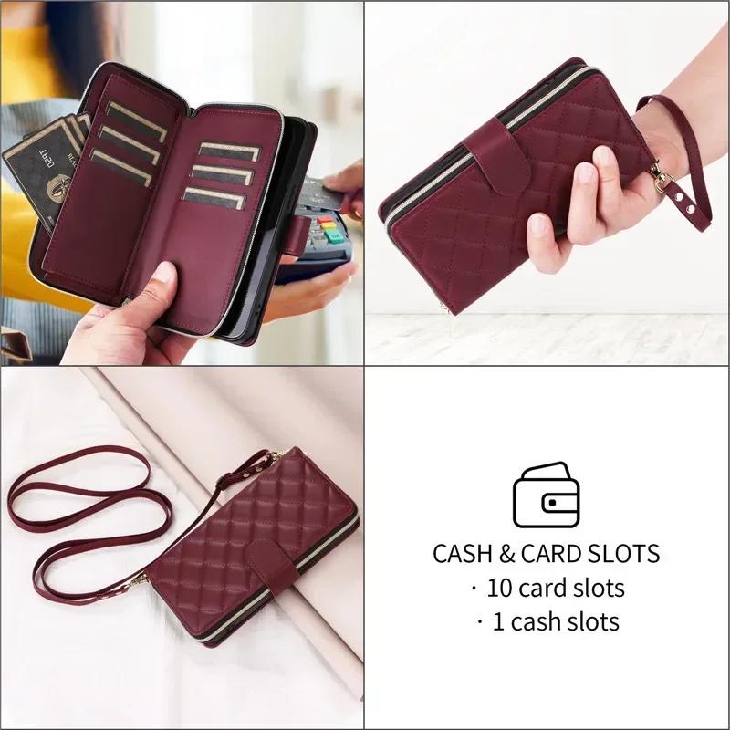

Leather Zip Wallet Card Phone Case for Samsung Galaxy S26 Ultra S25 FE S24 Plus S23 S22 S21 Crossbody Lanyard Flip Cover (Samsung S21)