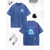 Cute Blue Plush Little Monster Cotton Washed T-Shirt Women Oversize Tops O-Neck Comfortable Distressed T Shirts Clothes