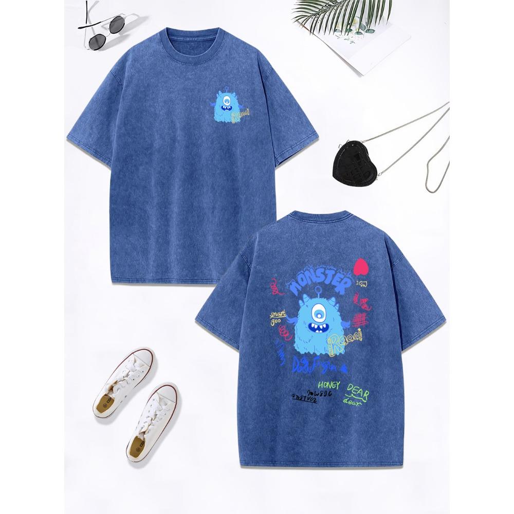 Cute Blue Plush Little Monster Cotton Washed T-Shirt Women Oversize Tops O-Neck Comfortable Distressed T Shirts Clothes
