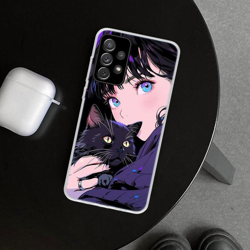 Anime Girls Cute Black Cat Phone Case Cover for Samsung Galaxy A12 A22 A32 A52 A72 A02S A51 A50S A31 A20S A10S Note 20 Ultra 10