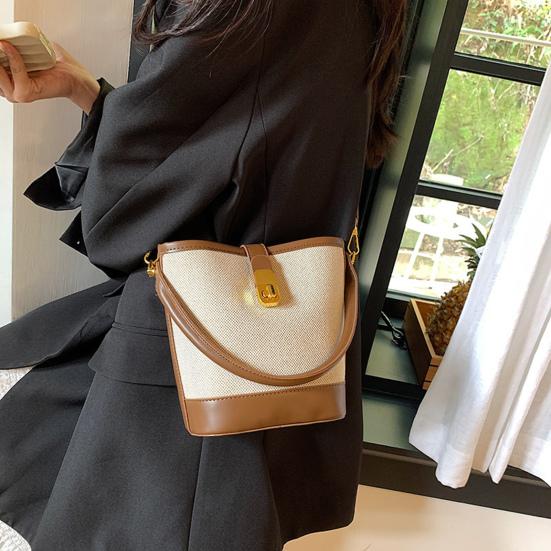 Women Messenger Bag Faux Leather Shoulder Bag with Top Handle Adjustable Strap Splicing Bucket Bag Crossbody Handbag for Daily Use Party Date