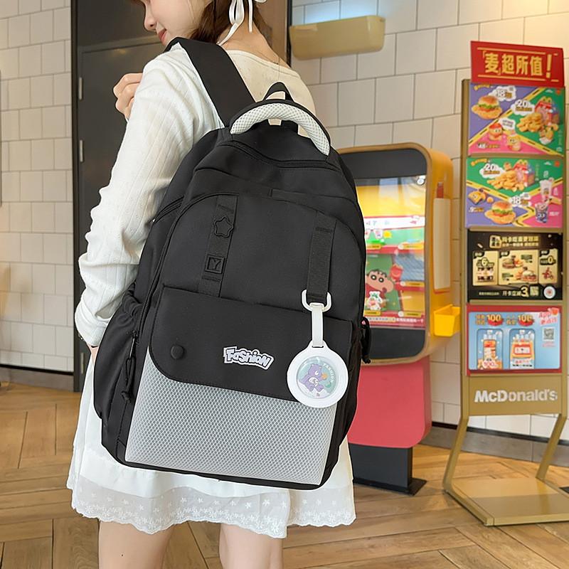 Solid Color Simple Letter Print Student Backpack With Pendant For Daily Use