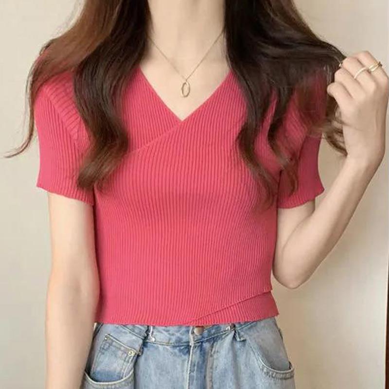 Sommer Unregelmäßigen Kreuz V-ausschnitt Kurzarm Strick Pullover Mädchen Mode Elegante Dünne Top