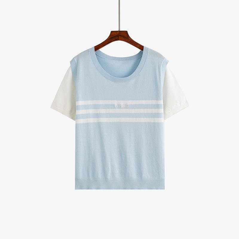 

Женский круглый вырез горловины в контрастную полоску, женский вязаный свитер, летняя свободная футболка с короткими рукавами 3XL синий