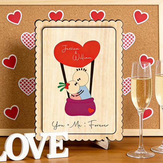 Wooden Couple Table Sign with Stand Farmhouse Rustic Cartoon Couple Ornament Valentine's Day Anniversary Wedding Party Decoration