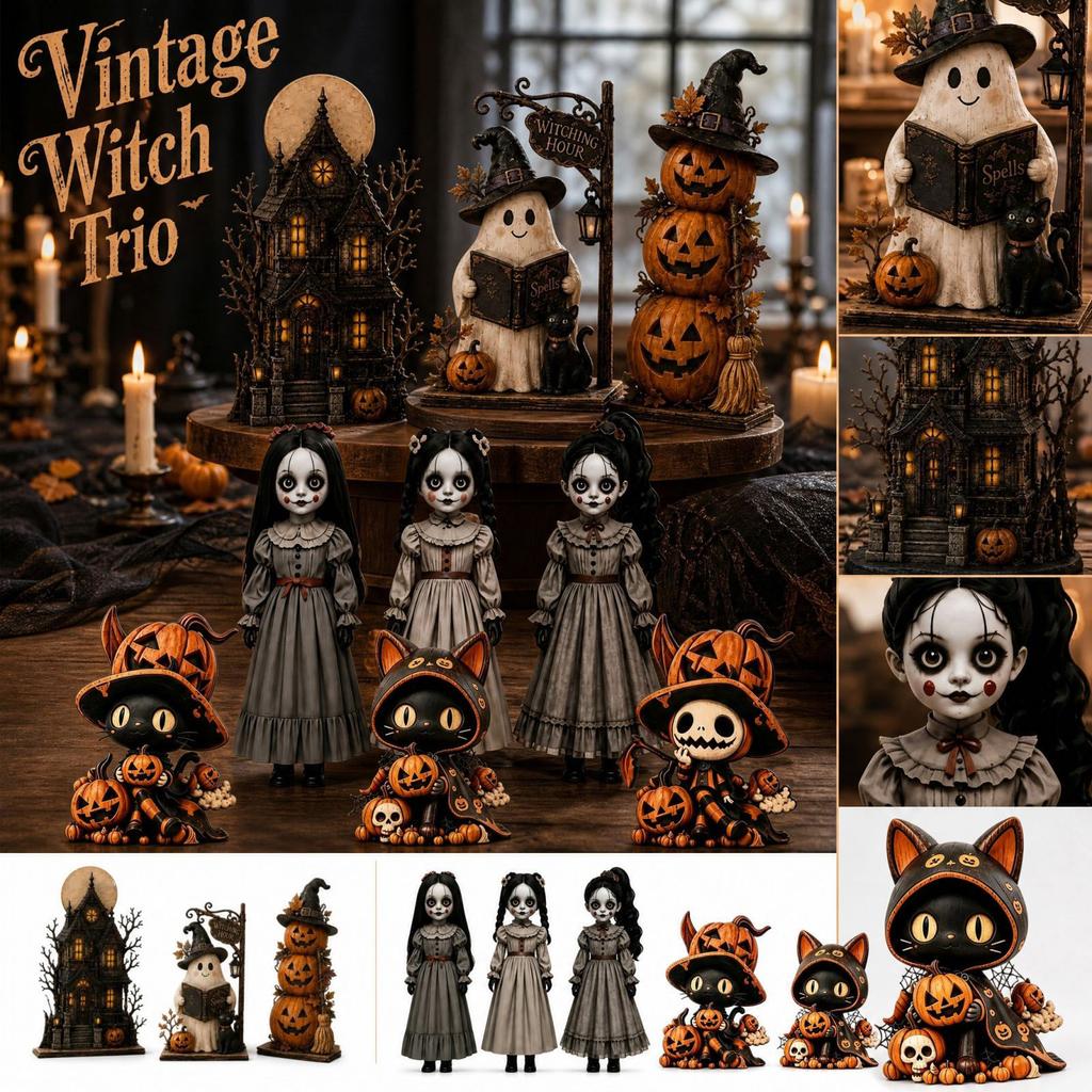 Vintage Holzhexenfiguren Set von 3, Halloween Hexenpuppen Dekoration für Tischplatte Regal Kaminsims Display