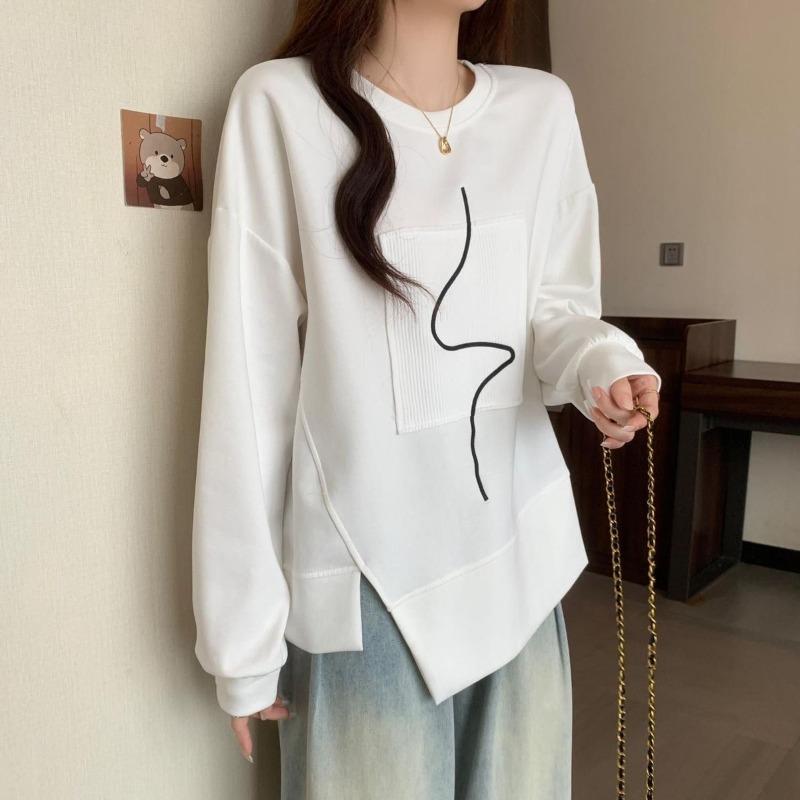 Women's Irregular Hoodie American Version Crew Neck Minimalist Pattern Hoodless Sweatshirt Autumn Casual Comfortable Famale Long Sleeved Top