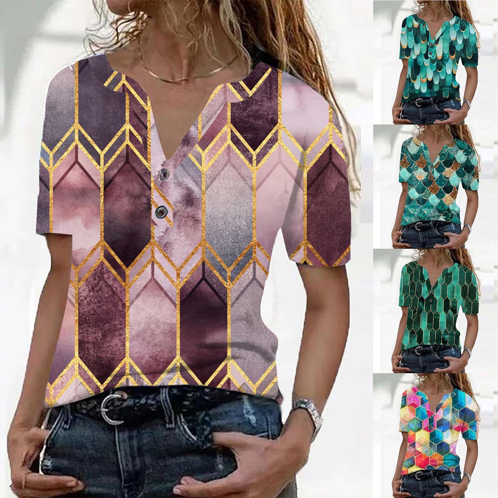 

Летняя женская рубашка с короткими рукавами и v-образным вырезом в стиле ретро с принтом и футболкой