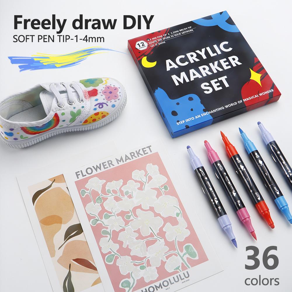 Dual Tip Acrylic Marker Brusht Soft&Round Tip Paint Markers Fade Resistant Durable Acrylic Pen for Canvas Glass Wood