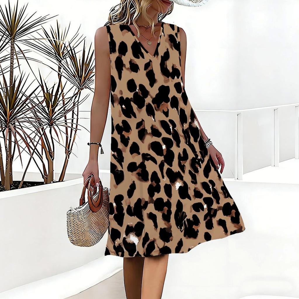 Plus Size V Neck Sleeveless Dress Green Hills Lake Watercolor Print For Lakeside Picnic Outing