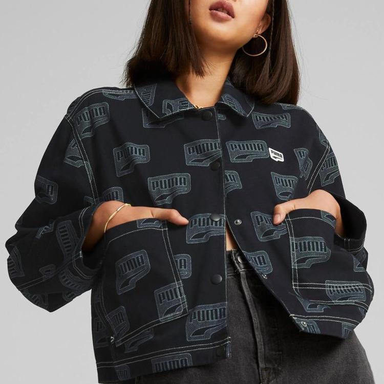 Puma Downtown Series Logo Print Double Pocket Single-Breasted Jacket Women Jacket Black 537639-01
