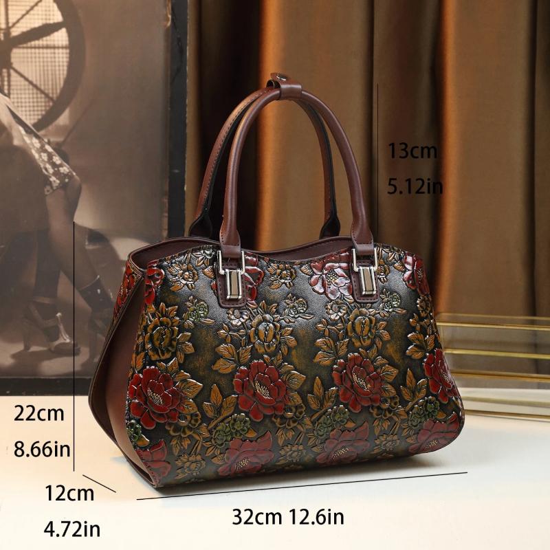 European and American Retro Flower Pattern Mature Women's Handbag Luxury PU Leather Tote Bag Commuter Bag