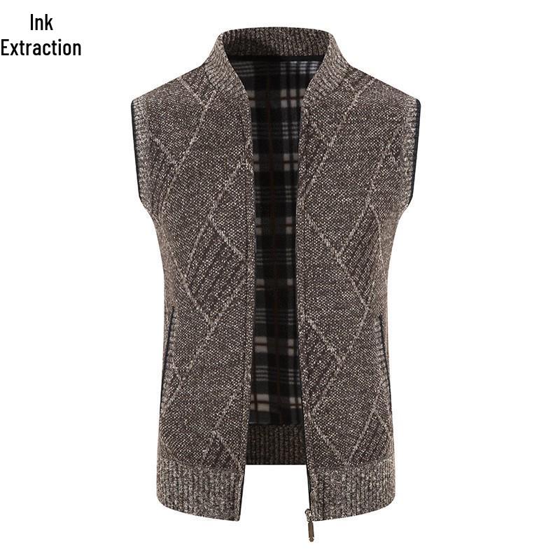 Pánský plusový sametový zahuštěný kardiganový svetr bez rukávů s výstřihem do V - Velká velikost, podzimní/zimní vesta pro středního věku a mladé pro běžné nošení