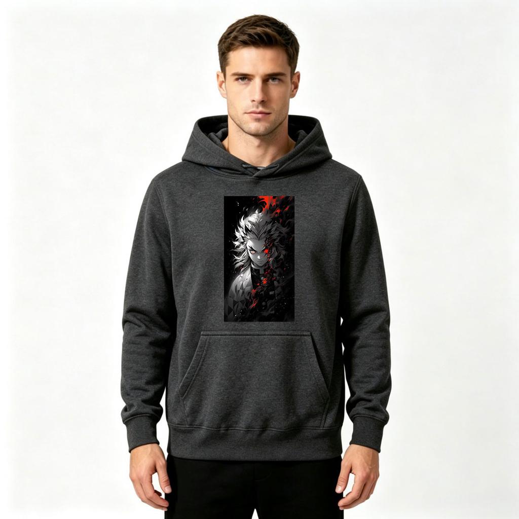 Men Anime Demon Slayer Rengoku Print Pullover Hoodie Casual Long Sleeve Streetwear Sweatshirt