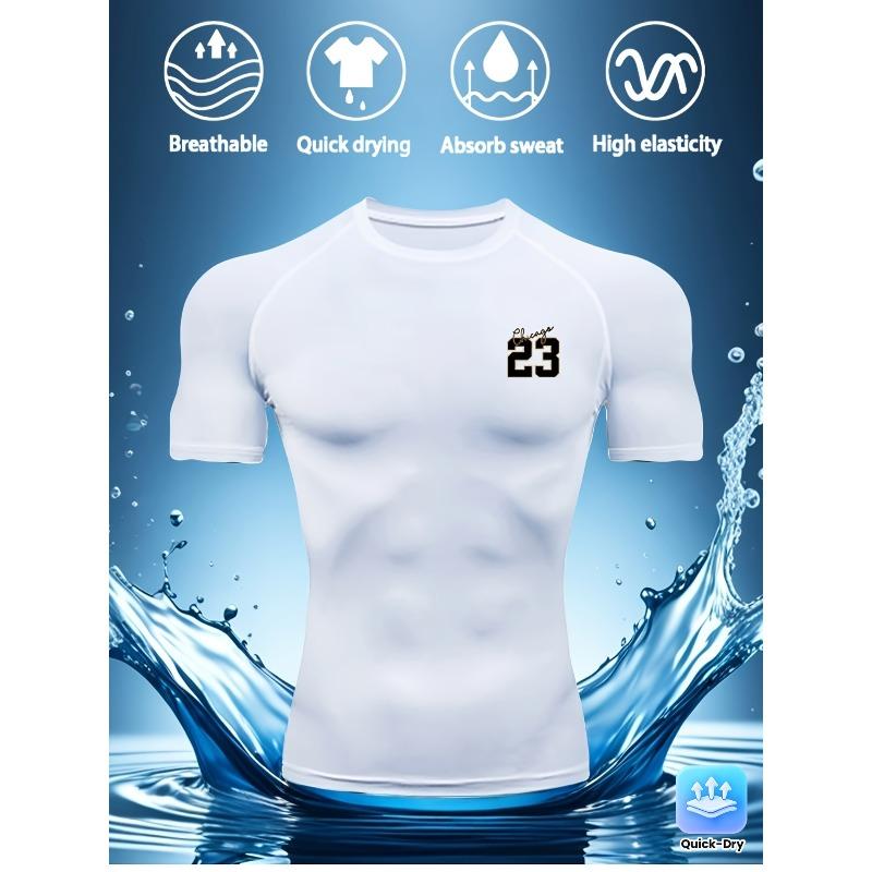 Men's White Number 23 Print Compression Rash Guard, Breathable Quick Dry High Elasticity Gym Workout & Water Sports Top