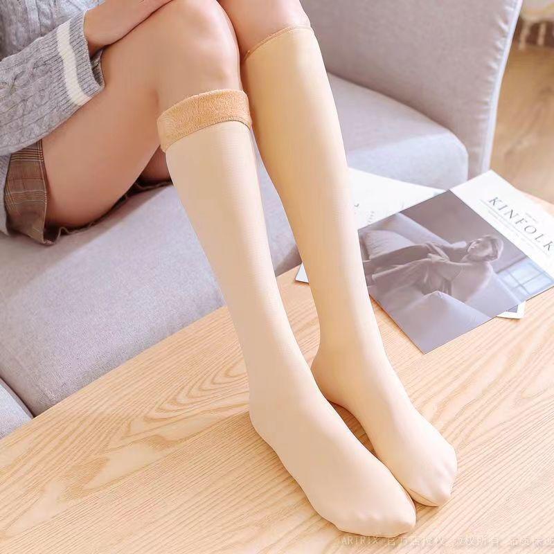 Women's Flesh-Colored Fleece Mid-Calf and Over-the-Knee Socks for Autumn/Winter: Thick, Warm, Wide-Leg, High-Top Snow Socks