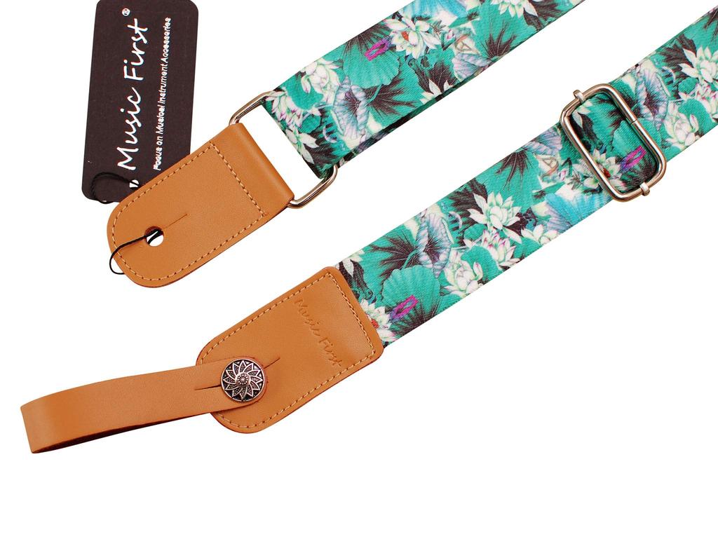 [MUSIC FIRST] Original design [Lotus] Soft nylon & genuine leather ukulele strap ukulele shoulder strap Includes one brand strap locker