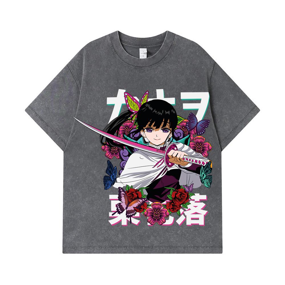 275 GSM Washed T-shirts 100% Cotton Demon Slayer V99 Kanao Print Unisex Heavy Cotton T Shirt