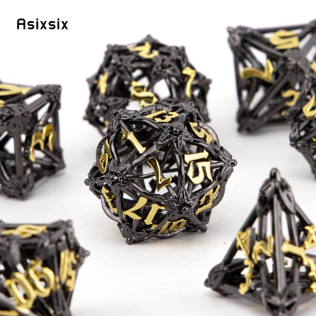 7 Pcs Black Golden Leaf Flower Metal Dice Hollow Metal Polyhedral Dice Set Suitable for Role-Playing RPG  Board Game Card Game