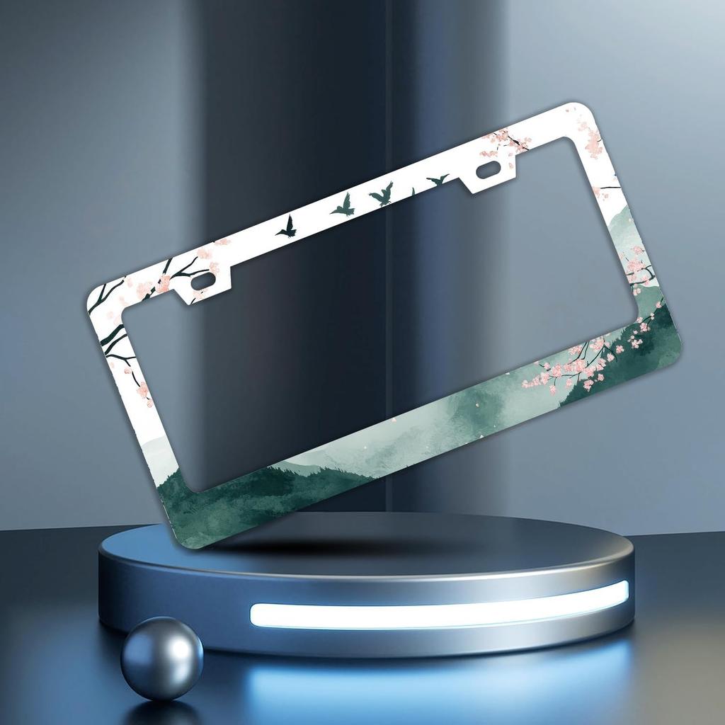 Mounta Cherry Blossom License Plate Frames - 2 Pcs Set 2 Holes Stainless Steel Metal Auto Car Accessories Decoration License Plate Frame Cover Size