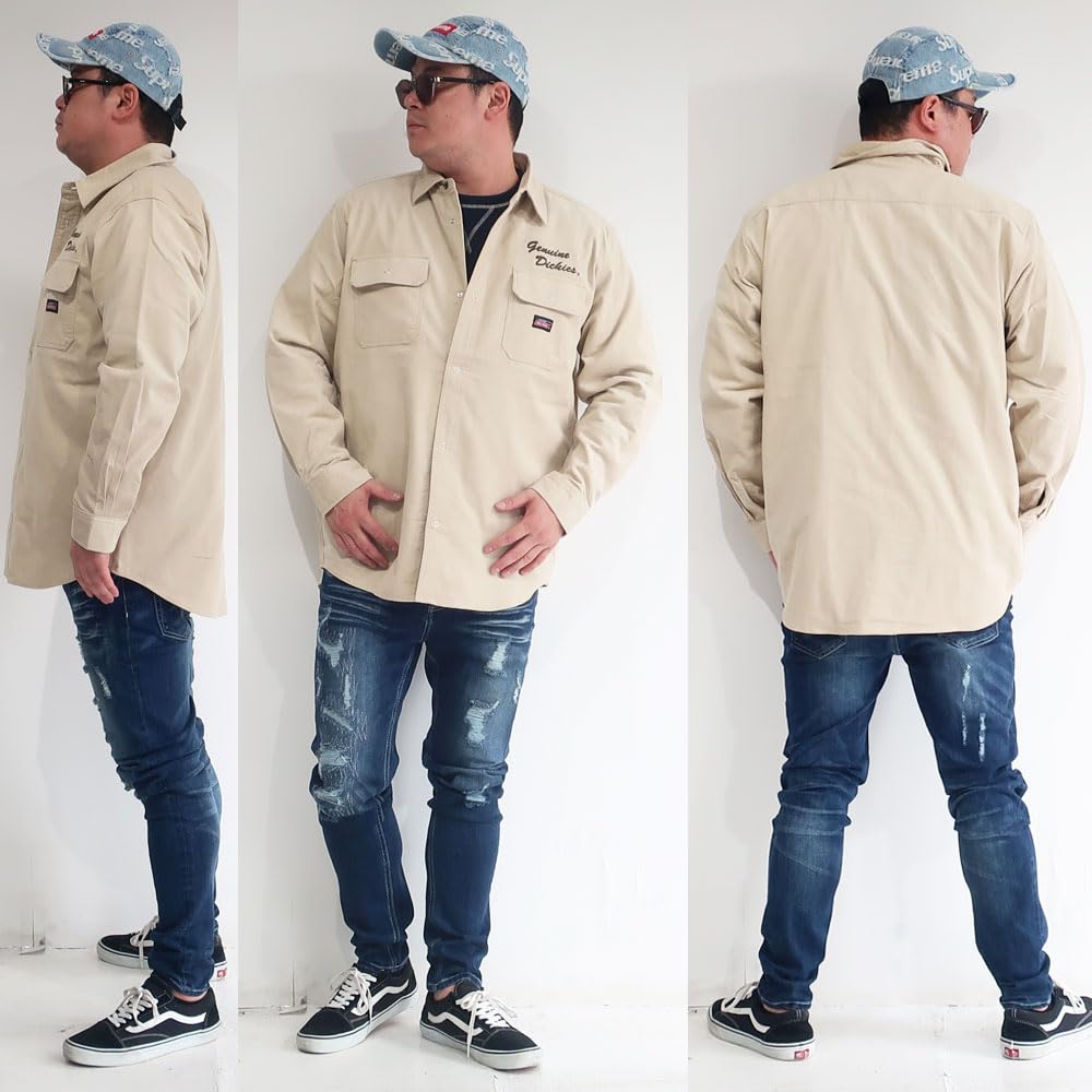 Men's Plus Size Dickies Long Sleeve Corduroy Shirt, Sizes 3L, 4L, and 5L, 10001719 (JP, Alphabet, 3L, Brown)