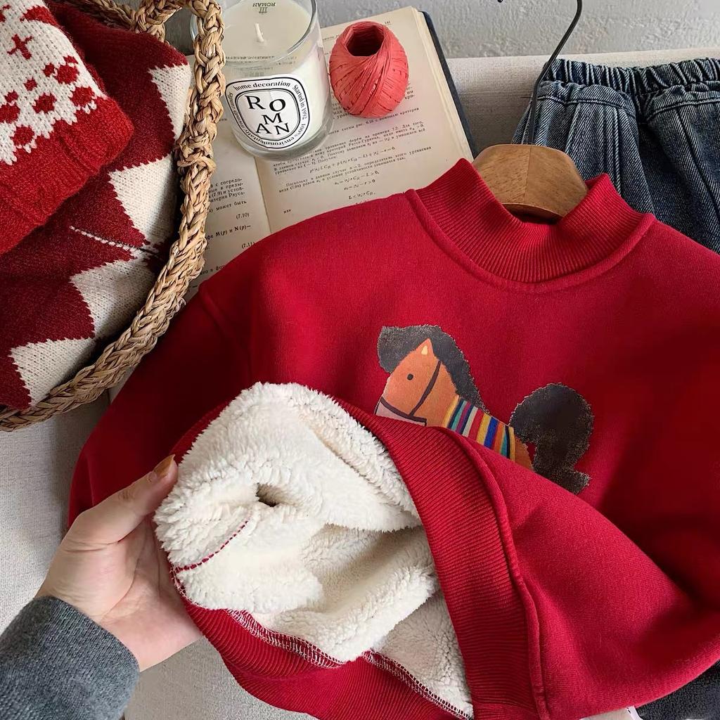 Kids Fleece Hoodie Winter Red Cartoon Festive Pullover for Boys and Girls