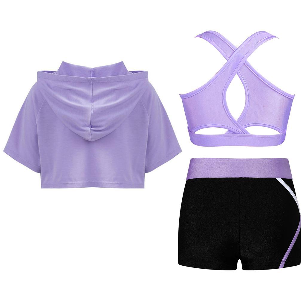 Kid Girls 3 Pieces Dance Outfit Gymnastics Hooded Crop Top Sleeveless Camisole and Shorts Set Tracksuit