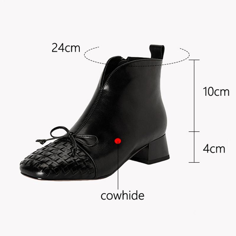 Fashion Women's New Round Toe Autumn/winter Runway Runway Runway Bow Print Cowhide Mid Heel Plus Calf Zipper Retro Short Boots