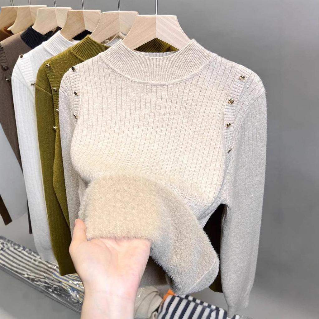 Pulover de Toamnă și Iarnă pentru Femei Plus Catifea Gât Mediu Înalt Cămașă de Bază All-in-one Catifea Îngroșată Hanorac Nou Pulover Tricotat Top