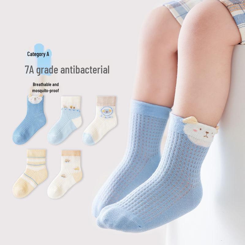 Seamless Cotton Baby Socks: Spring/Summer Mesh with Cartoon Bear Design, Antibacterial for Children