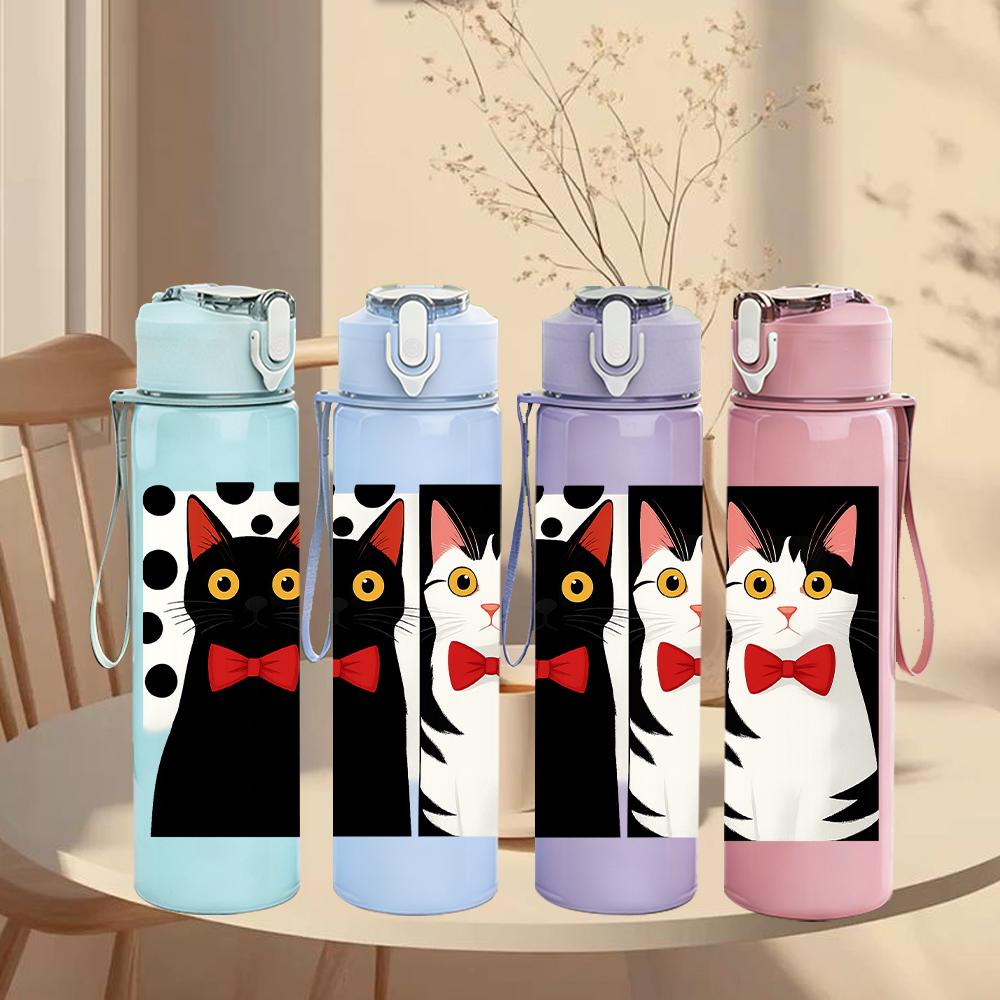 1PC Two Cats Bow Tie Bust 750ml Color Plastic Sports Water Bottle Leakproof Flip Straw Lid For Sports Office Home Use