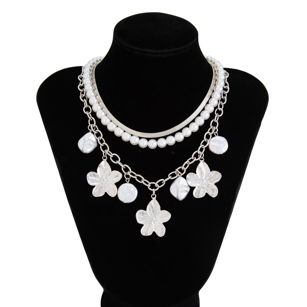 Multilayer Imitation Pearl Snake Chain Choker Flower Pendant Necklace for Women Accessories