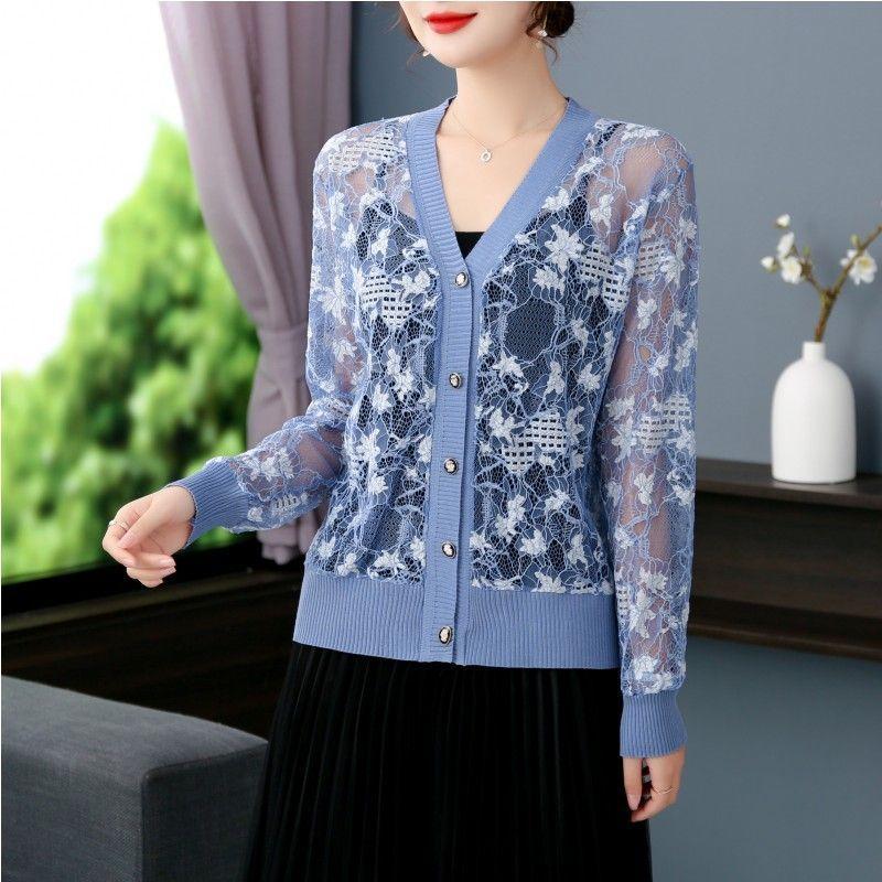 Summer Lace knitted Sunscreen Cardigan Jacket Women Fashion Mid-Aged Short Shawl Conditioning knitwear Shirt Coat Female