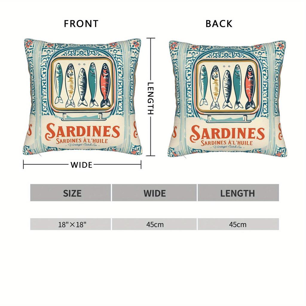 "Vintage Sardines Pillow Cover – Retro Fish Can Label Design With Mediterranean Style For Kitchen, Living Room & Coastal Decor"