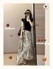 Plus Size Summer Outfit: V-neck Short-sleeve Tee & Ink Painting Skirt Set