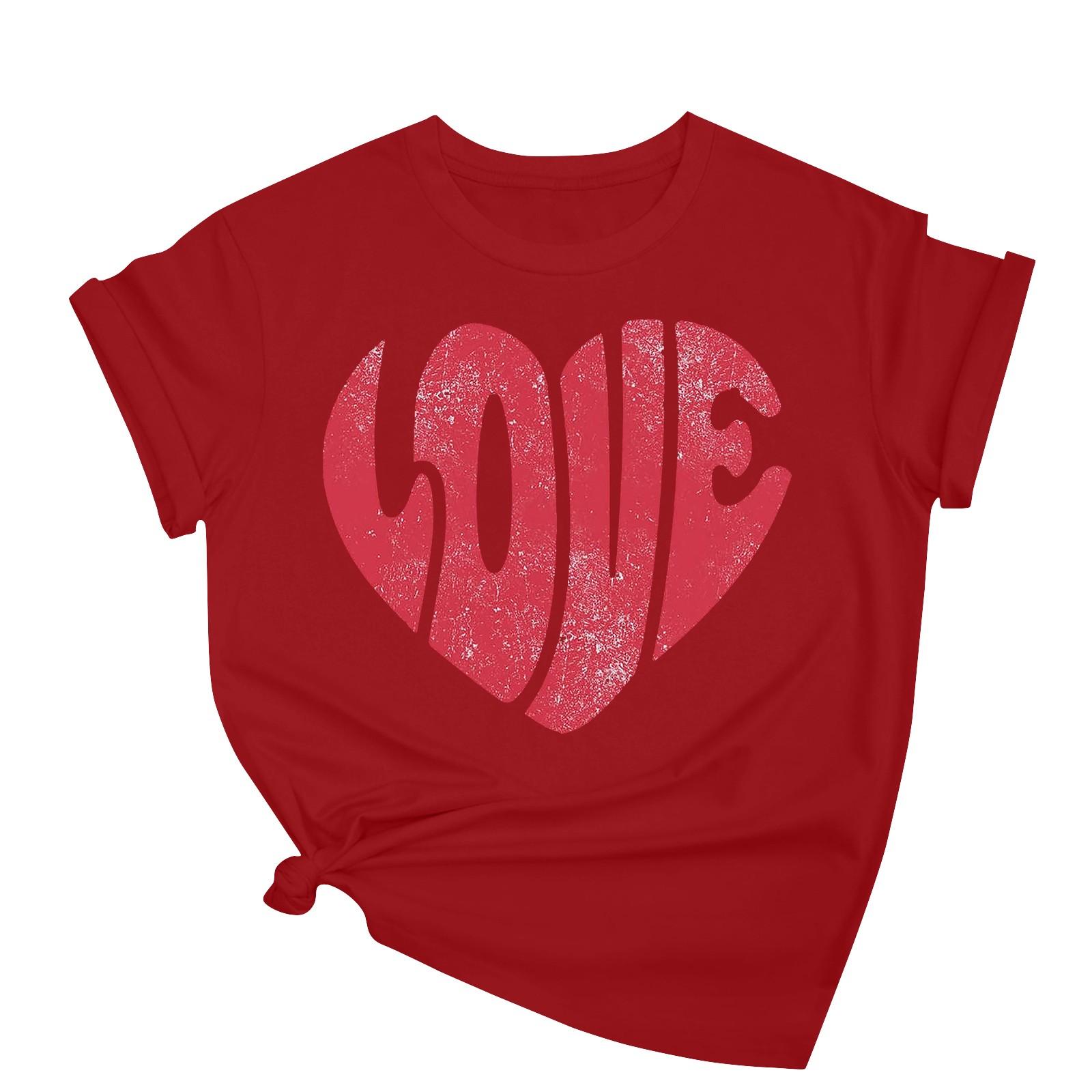 

Женская повседневная свободная футболка с принтом ко Дню святого Валентина, круглый вырез, пуловер, топ с короткими рукавами XL винный