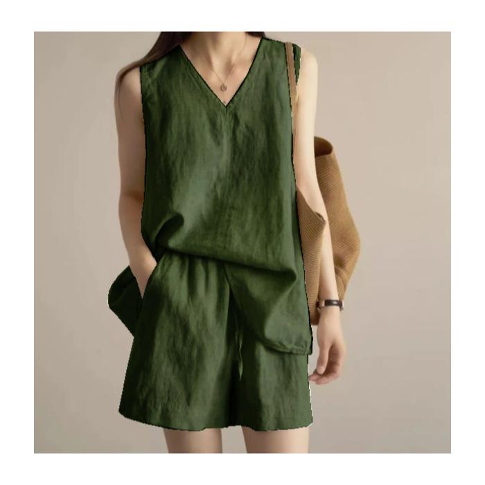 Summer Cotton Linen Casual Sleeveless Two-Piece Set Simple Top Shorts Fashion Design Comfortable Polyester Blend Women's Outfit