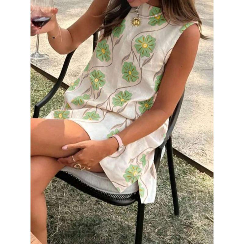 

JKASHDK Женская мода Лето Весна Цветочный узор Принт Без рукавов О-образный вырез Свободная талия Повседневные платья XXL