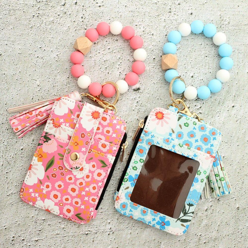 Fragmented Design Silicone Bead Bracelet Keychain Pu Leather Boho Style Wristlet Wallet Keychain Beaded Detail Tassel Decoration