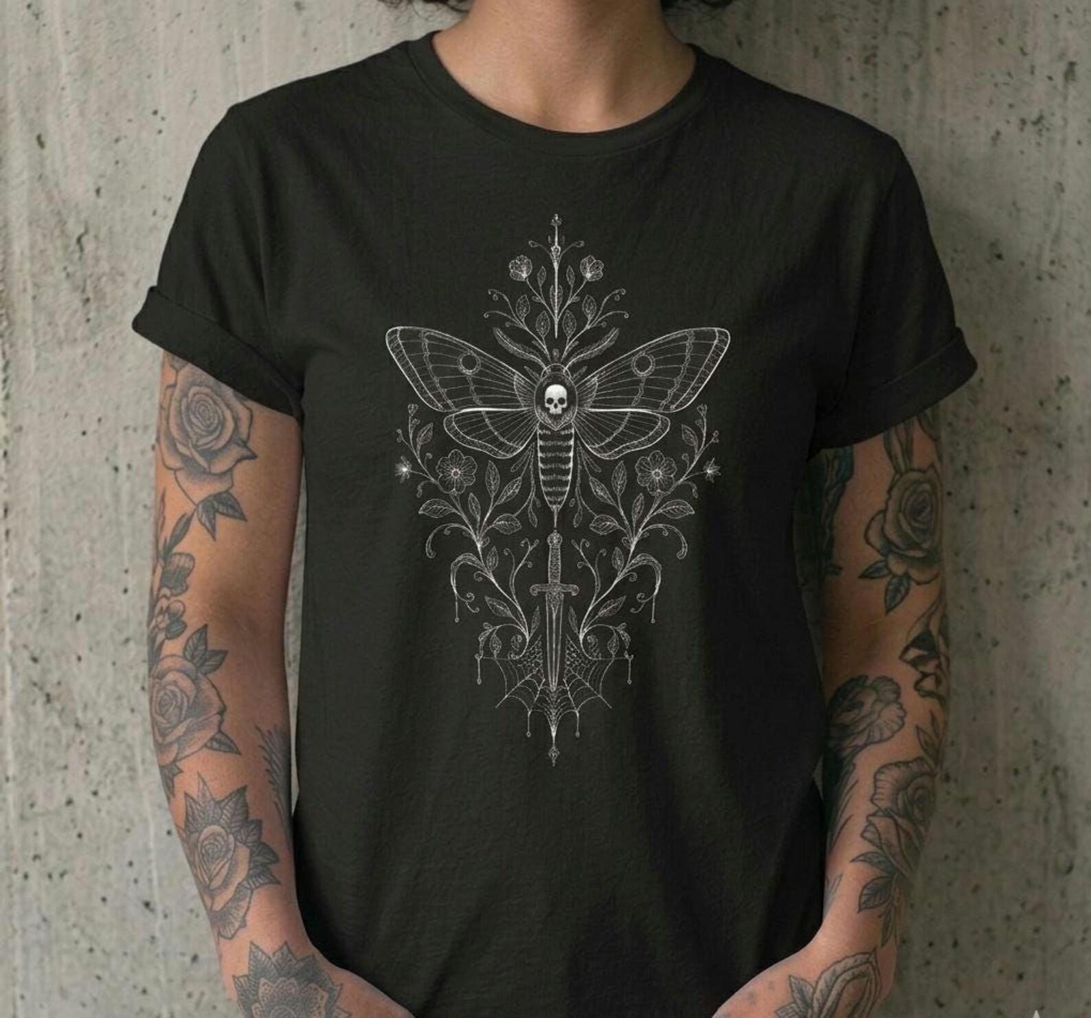 Death Moth Dagger Shirt, Whimsigoth Floral Spider Web Graphic Tee, Witchy Alt Clothing, Comfort Colors Goth Gift S