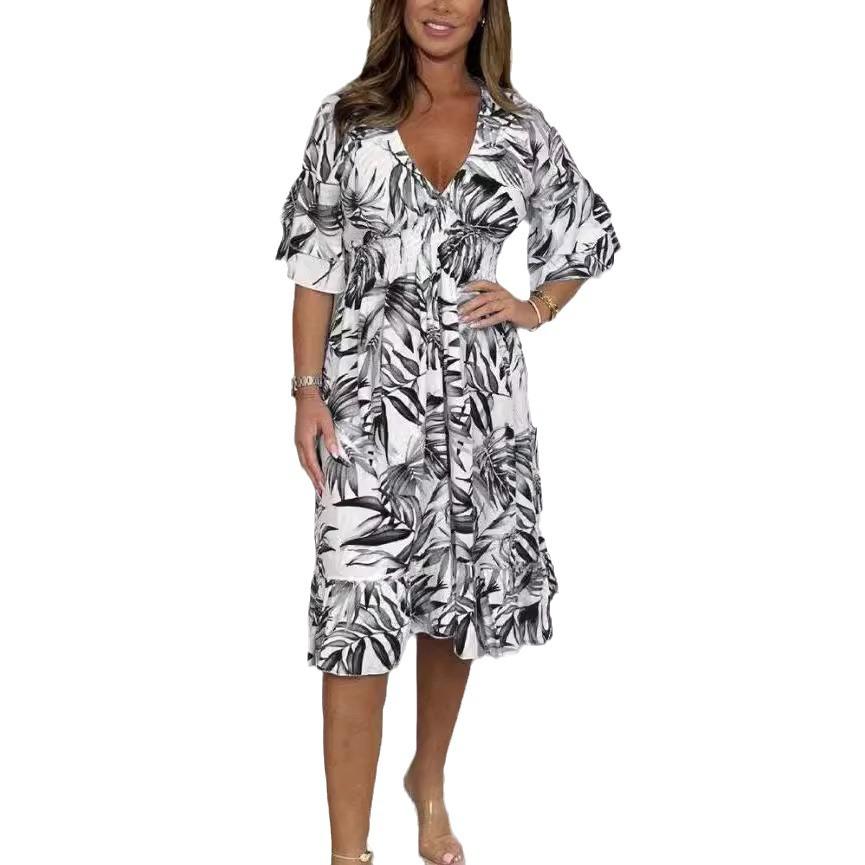 Letní dámské šaty velké velikosti s potiskem, volné ležérní šaty s vysokým pasem