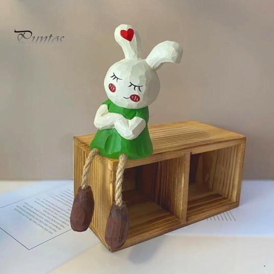 Healing Style Room Accents Leggy Rabbit Figurine Ornament, Handcrafted Basswood Desktop Sitting Small Animal Collectibles Bunny, Creative Ornament for