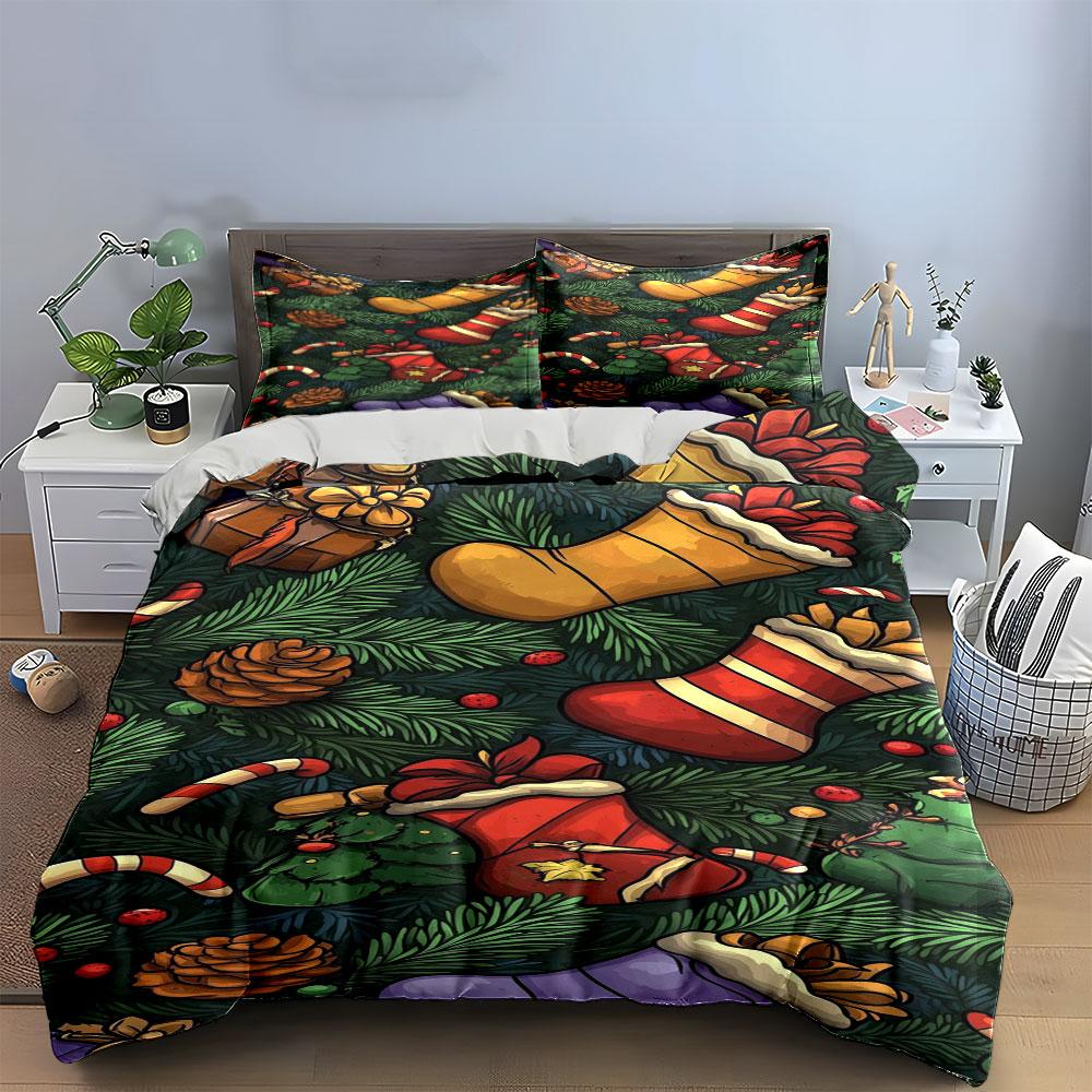 Stockings, Pinecones, Candy Canes. Bedding Sets Duvet Cover Sets Duvet Covers Pillowcases(1*Duvet Cover 2*Pillowcases Without Duvet Insert)