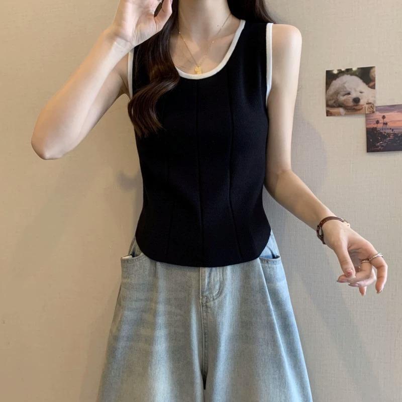 

Большой размер женский летний новый трикотажный жилет с бретелькой через шею, короткий топ без рукавов One size