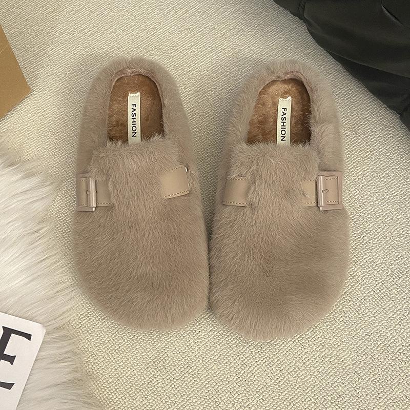 

Тапочки Mao Mao женская верхняя одежда 2025 новые осень и зима модные шлепанцы с открытой пяткой и мехом 40 хаки