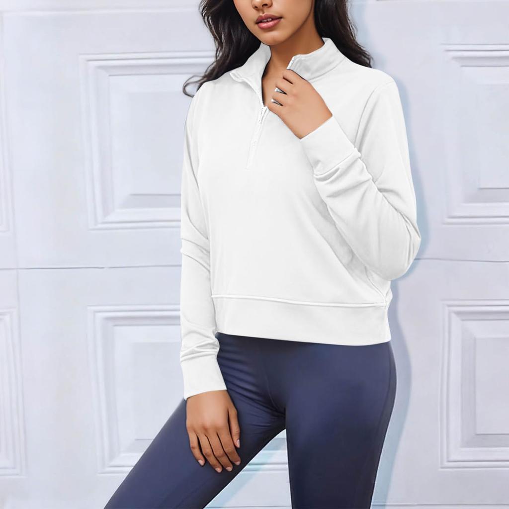 Women's Quarter Zip Pullover Sweatshirt Loose Fit Casual Solid Color Long Sleeve Sweatshirt with Ribbed Cuffs and Hem