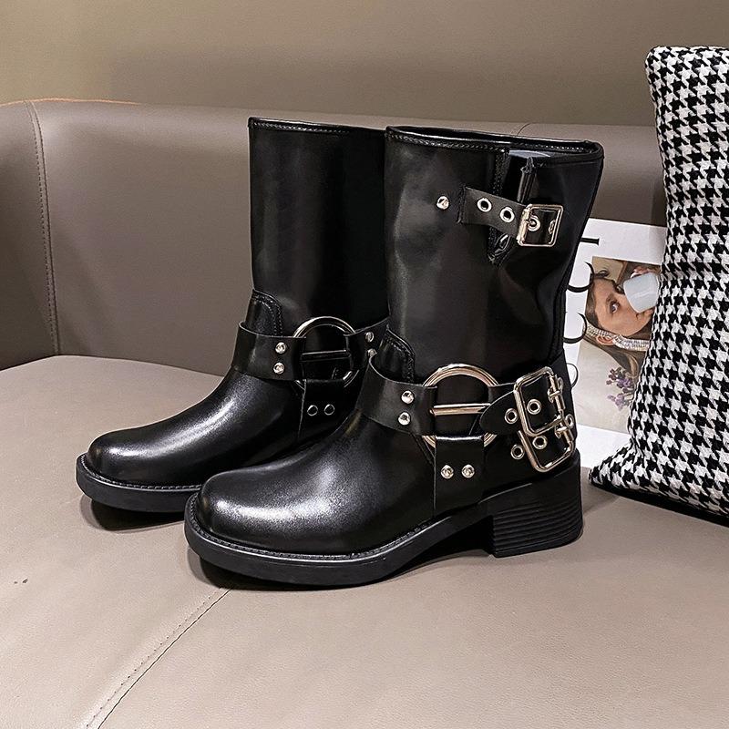 Womens Knee-high Boots Western Cowboy Boots Casual Leather Boots for Women Belt Buckle Punk Boot Mid Calf Boot Botas2025