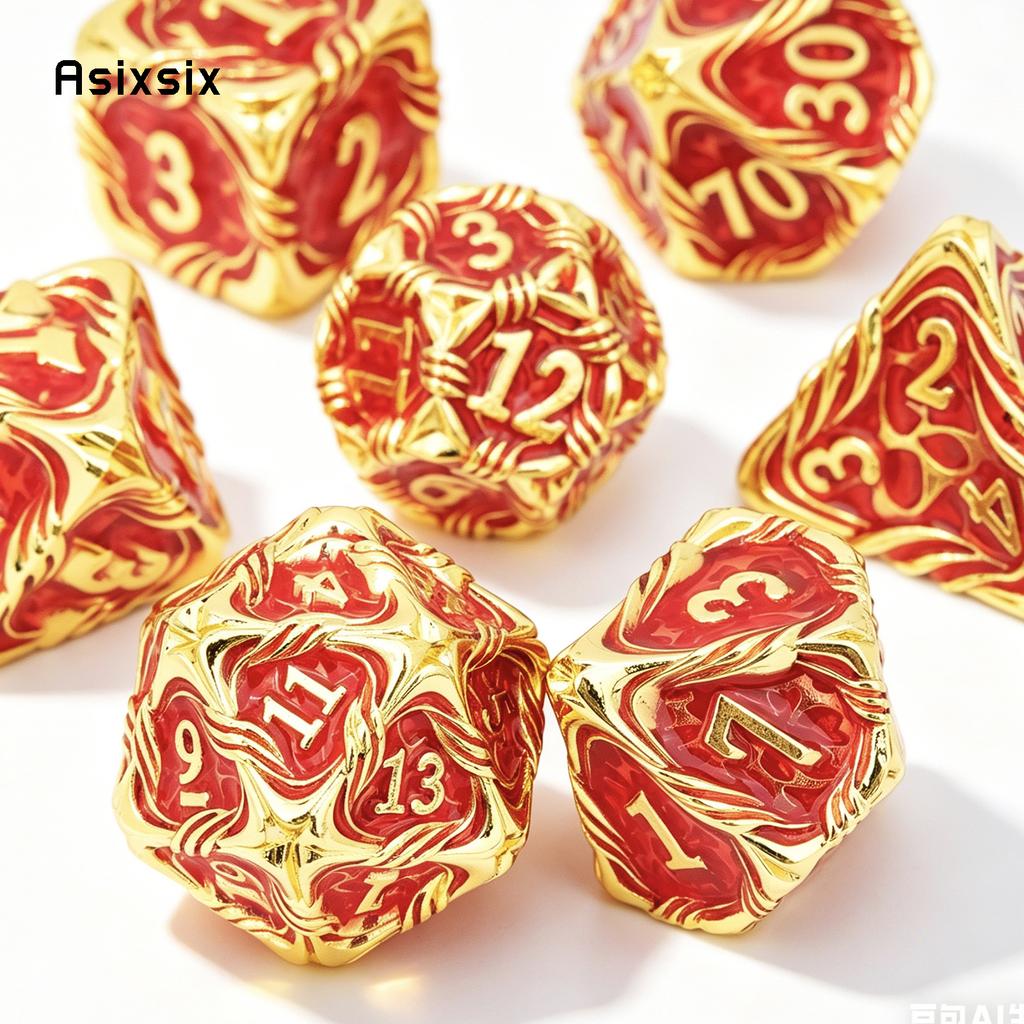 7 Pcs Red Yellow Tree Vine Metal Dice Solid Metal Polyhedral Dice Set Suitable for Role-Playing RPG Board Game Dice RPG